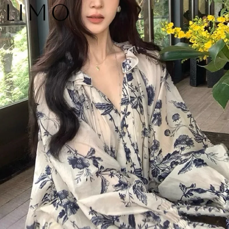 

LIMO Elegant Chinese Ink Floral Print Lace Blouse - Loose Fit Casual Shirt Women’s Fashion Trendy Boho Chic Comfortable Tops