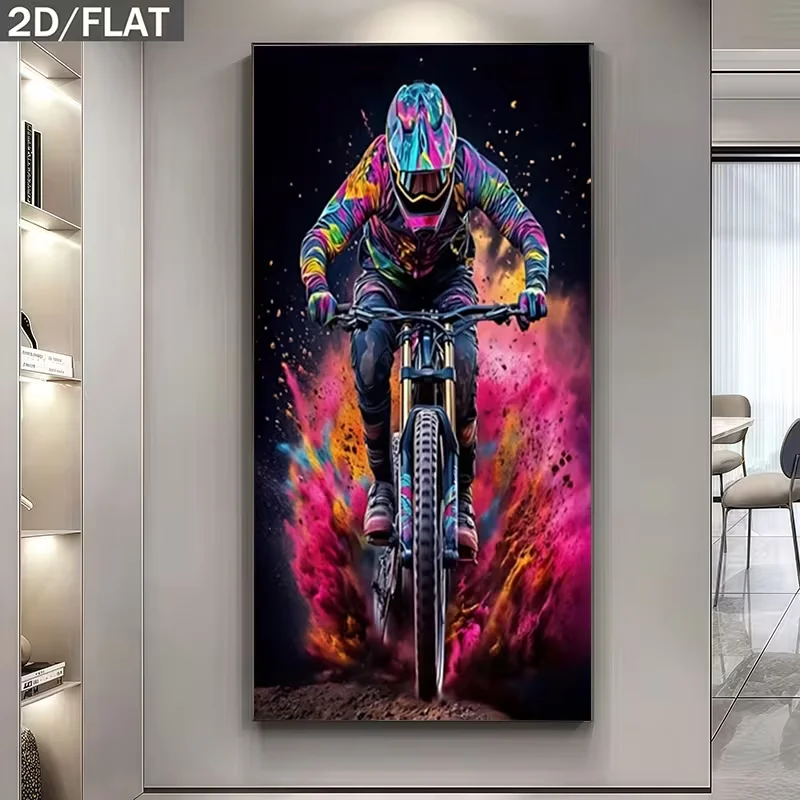 2D Flat, 1pc Large Frameless Mountain Bike Canvas Poster | Modern Dynamic Cycling Art Print, Vibrant Colors, Ideal for