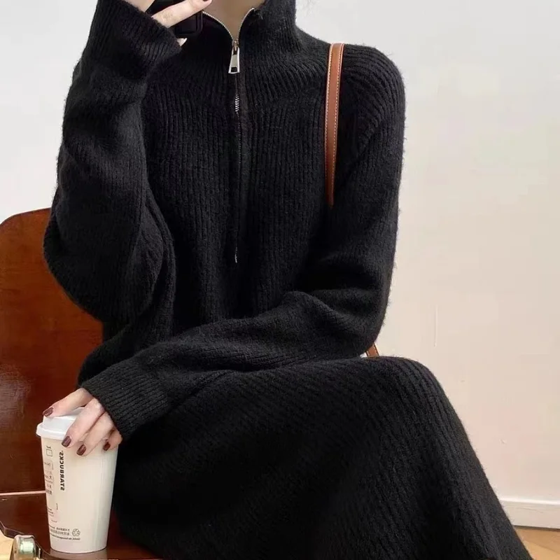 2024 Thick Warm Wool Long Sweater Dress Women Autumn Winter zipper lapel Over-The-Knee Cashmere Knit Dress Lady Pullover Dresses