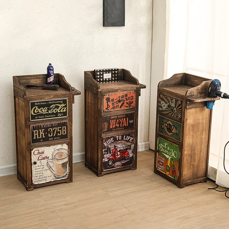 Retro Hairdressing รถเข็น Beauty Salon Organizer รถเข็นไม้ Locker อเมริกันสไตล์ตัดผมเครื่องมือเก็บ