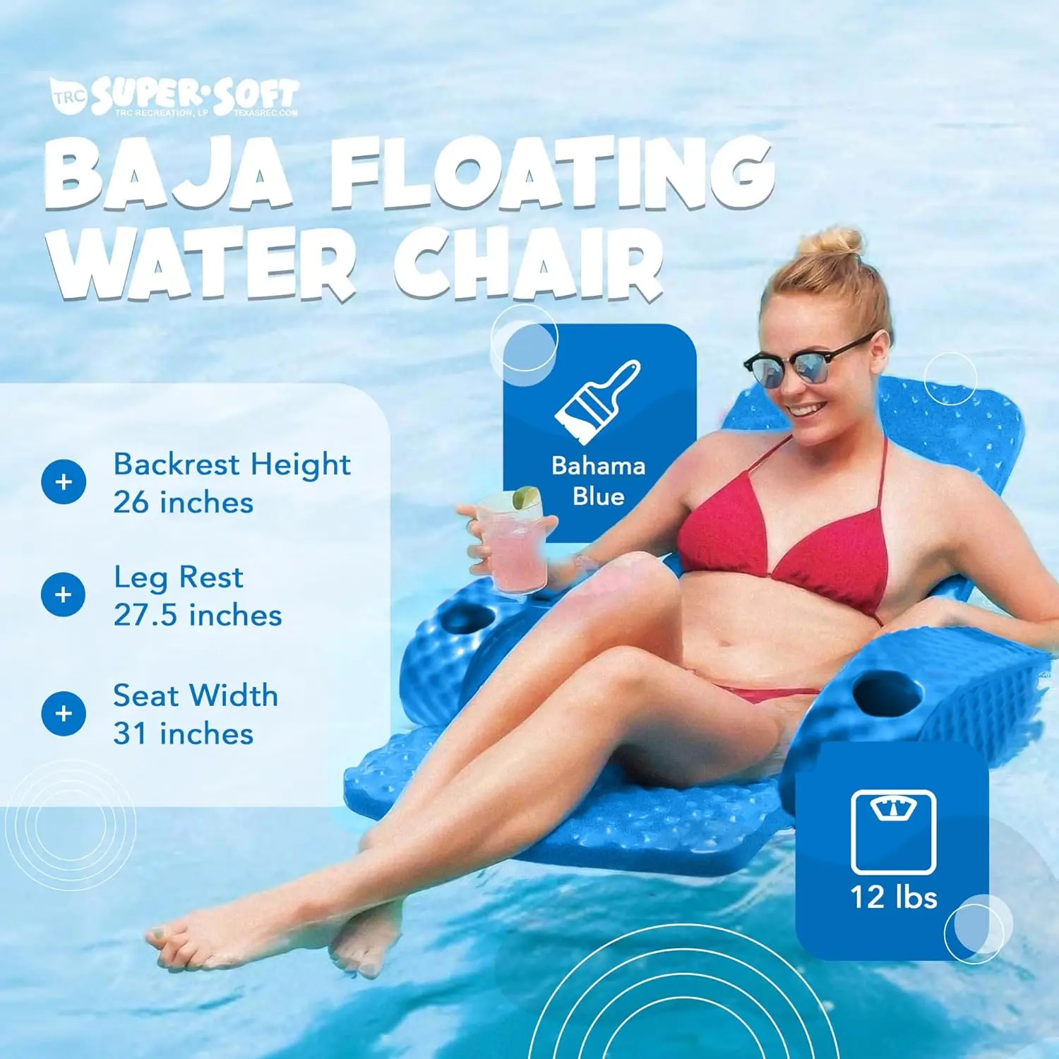 Recreation Folding Baja Chair Foam Swimming Pool Float, Portable Super Soft Floating Lounger with 2 Cup Holders for Beach Essent