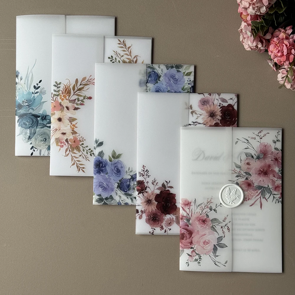 20 szt. Papier węglikowy w kwiaty akwarelowe, odpowiedni do zaproszeń ślubnych 5 x 7 cali, okładka węglikowa, zaproszenie na zamówienie