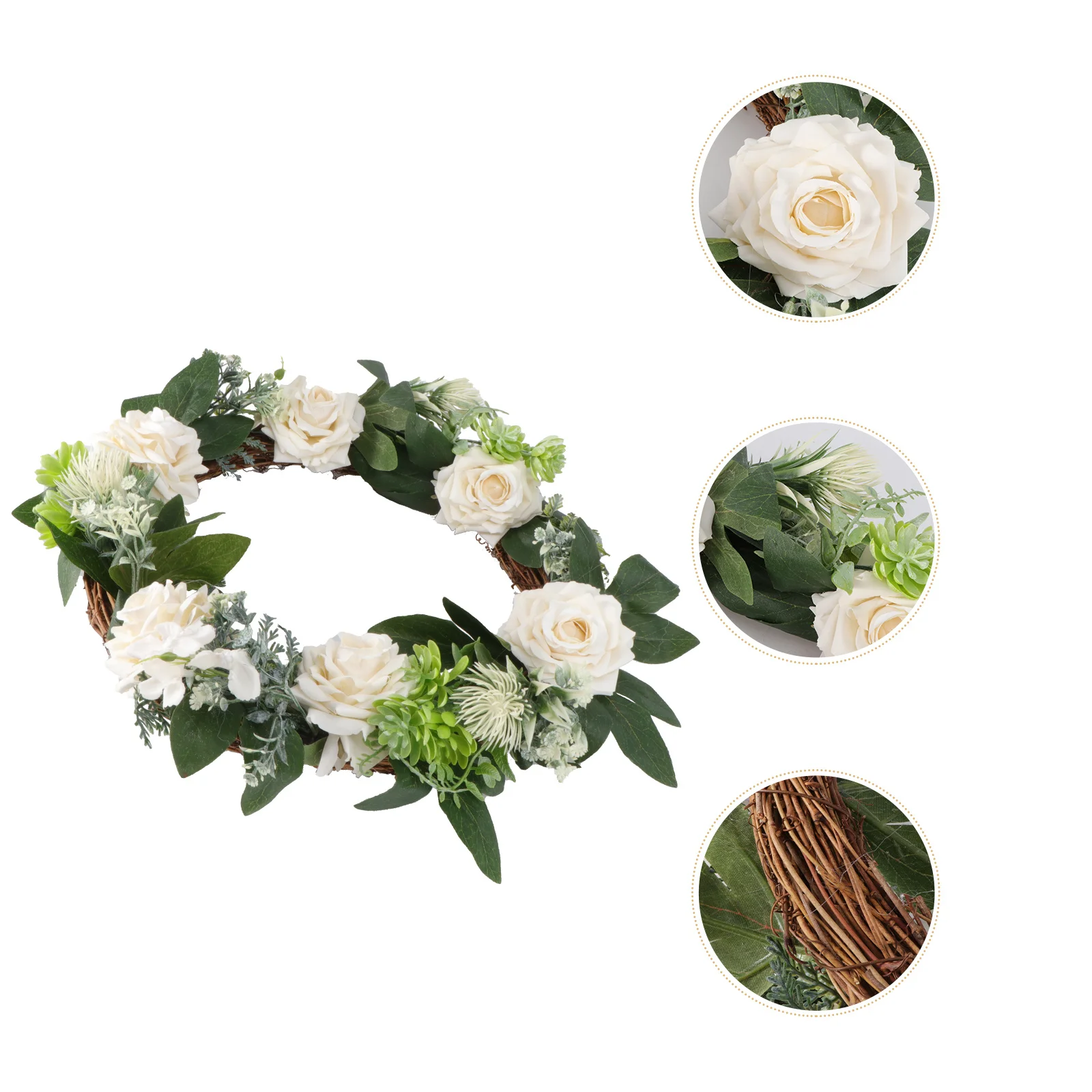 

White Rose Succulent Wreath Home Decorative Garland Pendant Spring Fresh Natural Appearance Door Wall Hanging 1Pcs