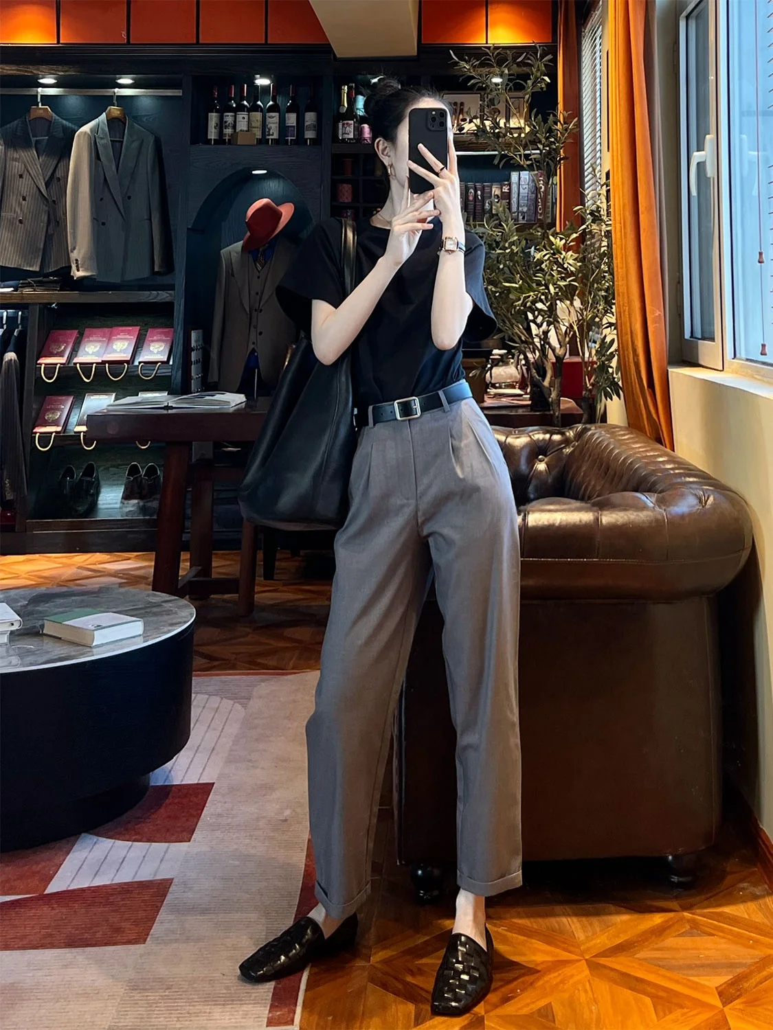 Calças de Cintura Alta Afuniladas Femininas, Leggings de Comprimento 7/8, Design Clássico Simples, Calças de Terno para Negócios