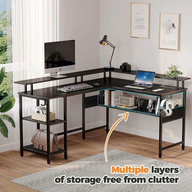 Computer Desk L Shaped 56.7" With LED Lights And Power Outlets, Reversible L Shaped Gaming Desk With Monitor Stand, Ho