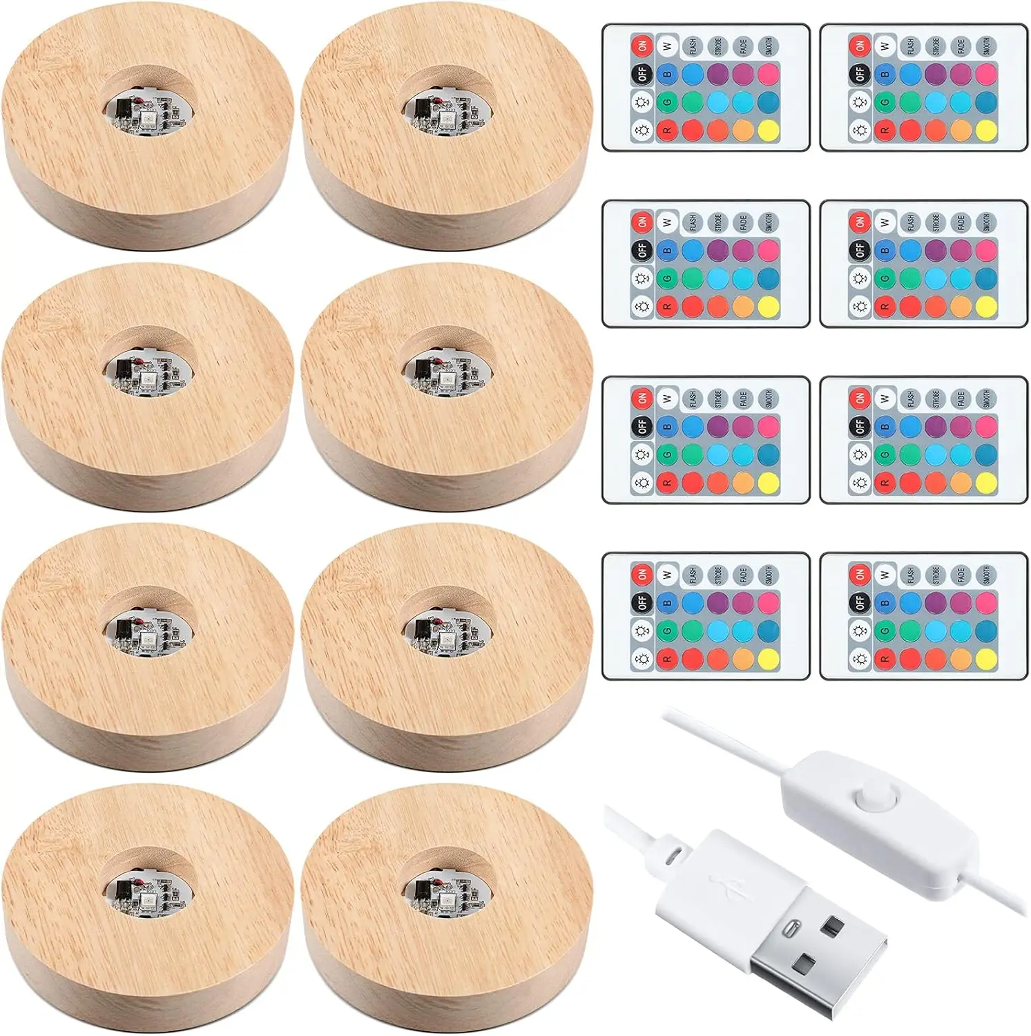 

3.94 Inch Wooden LED Light Stand Base with Remote for Crystal Glass Resin Art Display, 8 Pieces