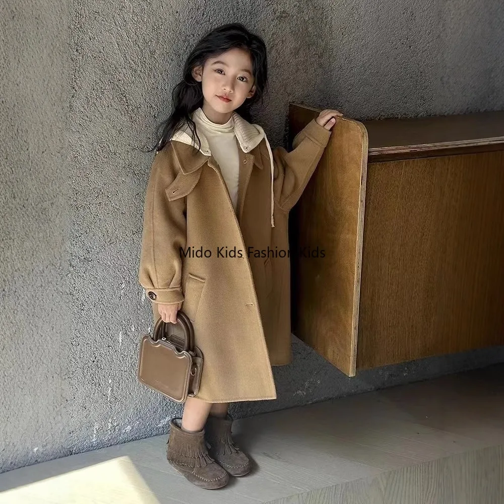 

Girls' Chic Preppy Double-Sided Woolen Coat - New AP 2026 Soft Warm Daily&Special Occasions Kids' Luxe Outerwear