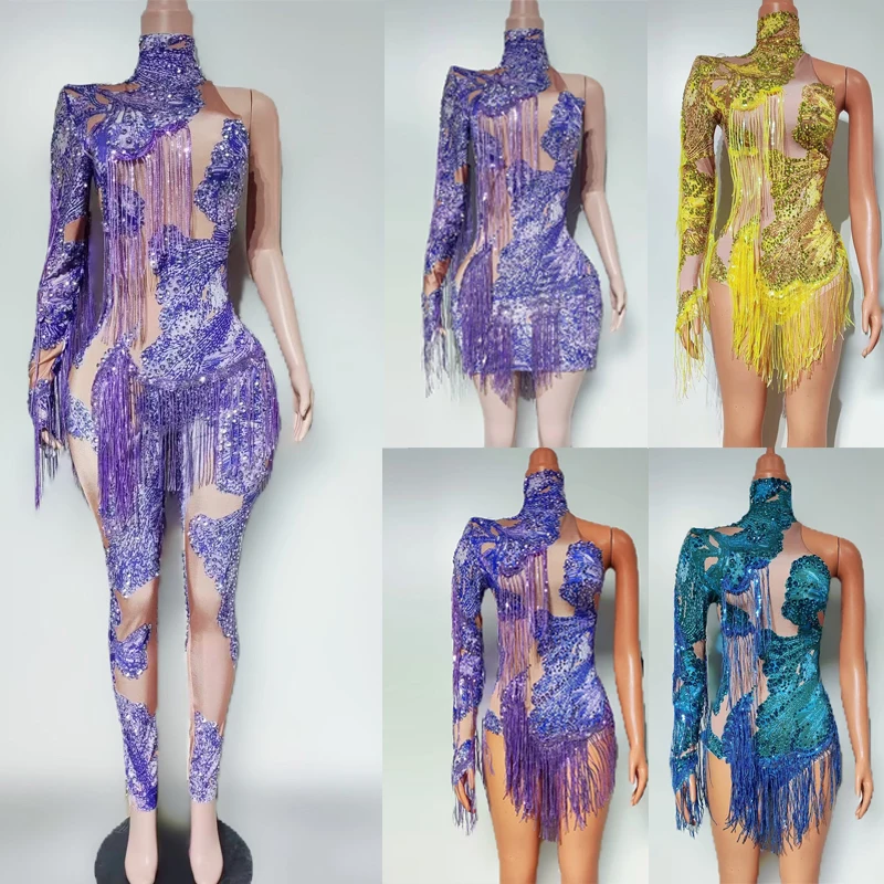 セクシーなポールダンス衣装女性ゴーゴーダンサー衣装片袖ラインストーンフリンジボディスーツハロウィンステージパーティードレス XS9994