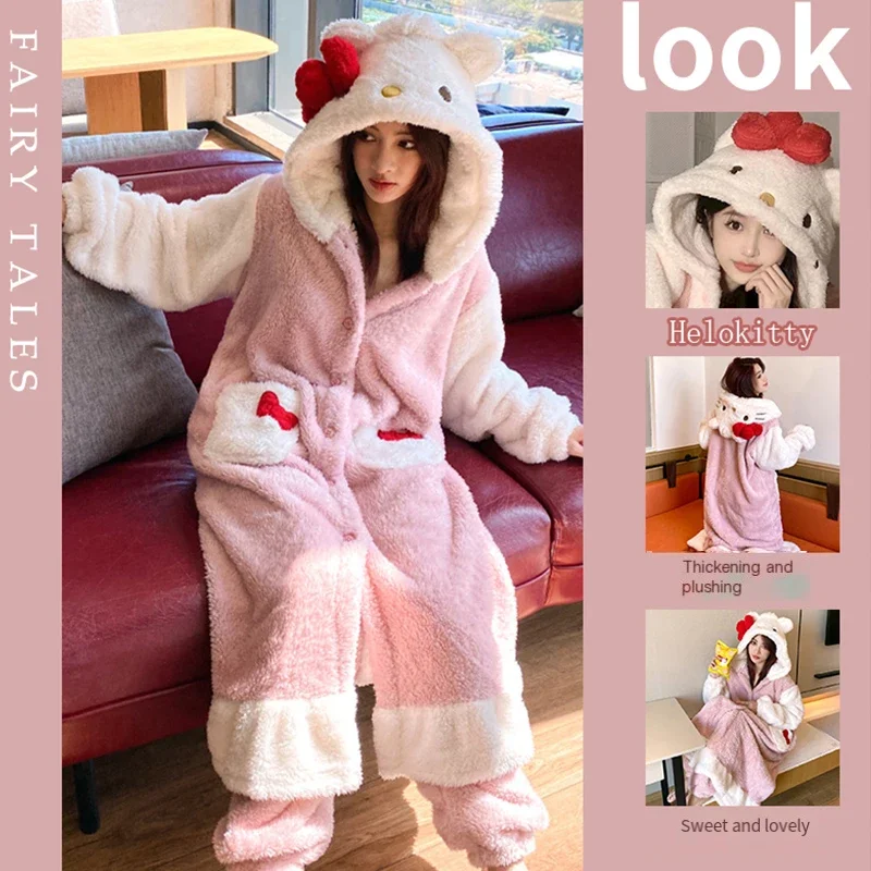 Anime Hello Kitty 2Pcs Plush Pajamas Night-Robe Suit Sanrioed Kawaii Kuromi Homewear Winter Long Style Thickened Nightgown Pants