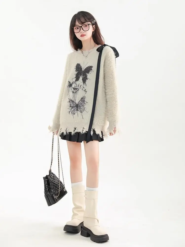 QWEEK Gothic Grunge Goth Butterfly Knit Knitted Sweater Women Y2k Coquette Harajuku American Retro Long Sleeve Pullovers Top