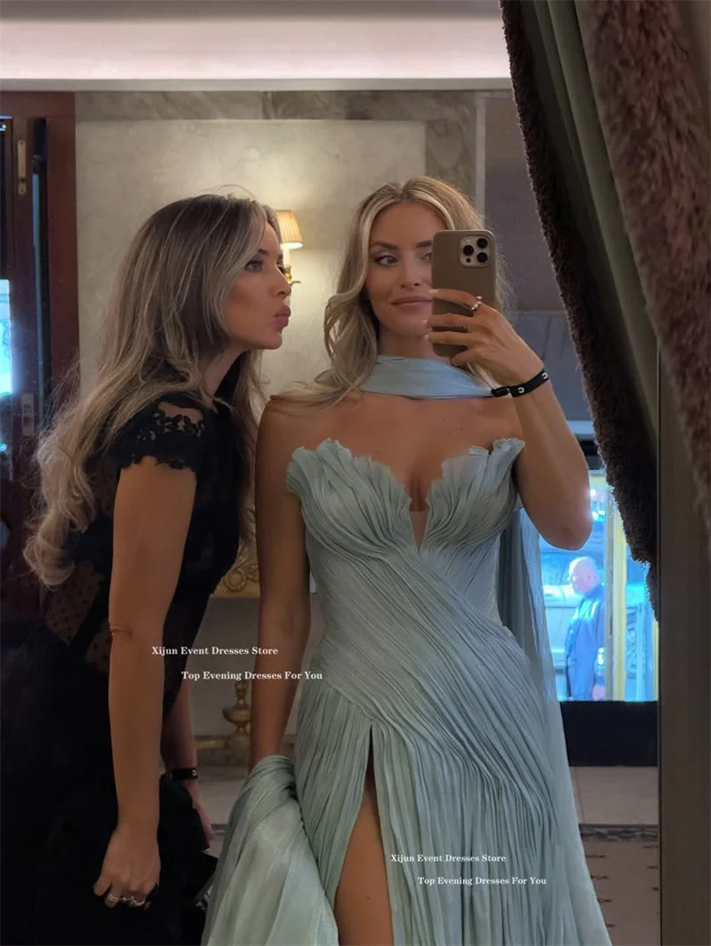 Xijun Sexy Mint Green Evening Dresses Pleated Sleeveless Split Prom Dresses A-Line Scarf Formal Long Prom Gowns Women Customized image 4