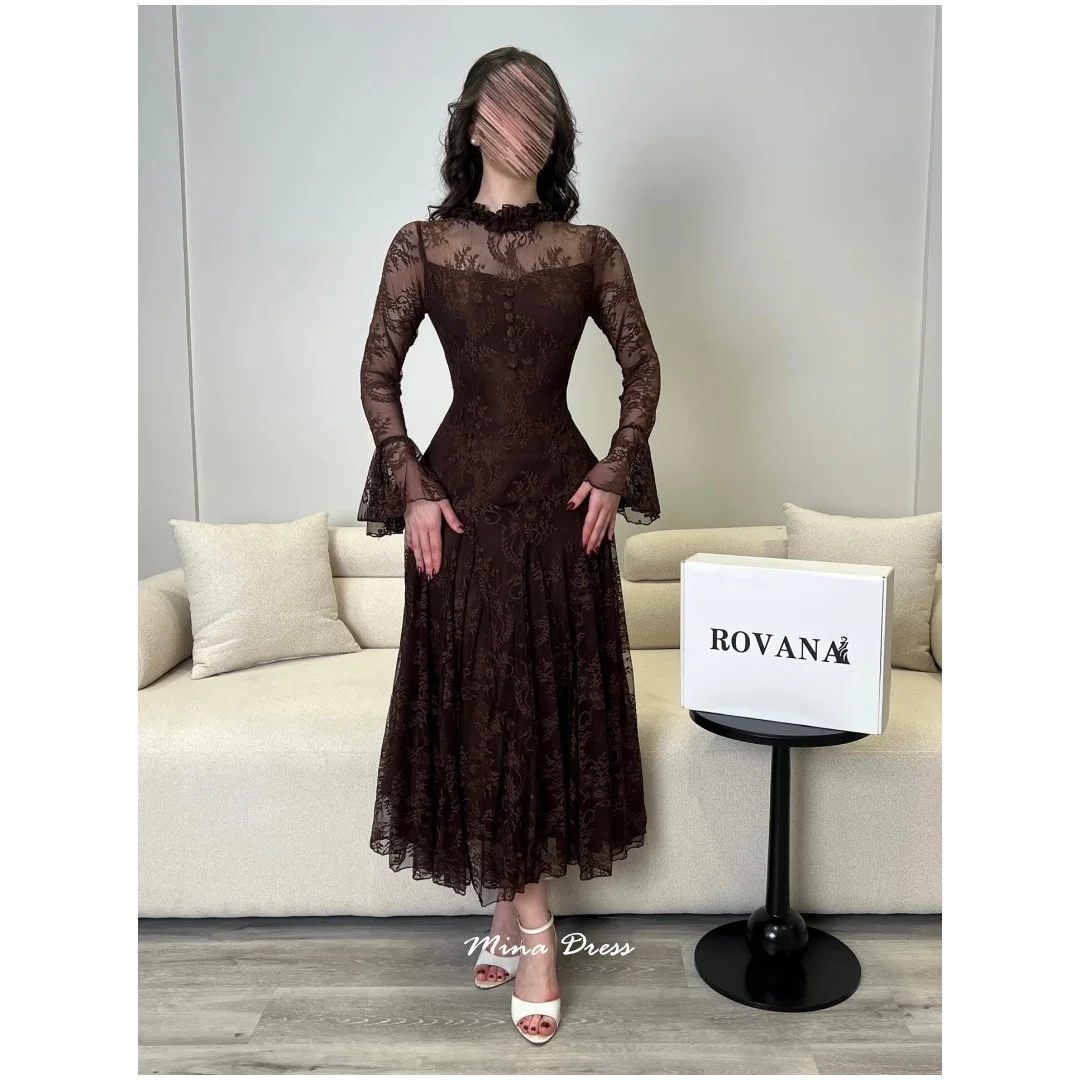 

Mina Customized Brown Luxurious Women's Evening Dresses Women Elegant Party Dresses Woman Embroidery Crew Neck Long Sleeves Prom