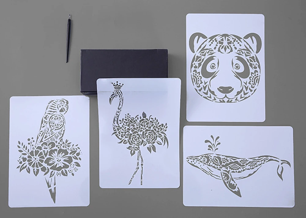 Hollow Painting Stencils 29*20.8cm Drawing Template Panda Wolf Flamingo Parrot Whale Pattern Scrapbook Album Coloring Decoration