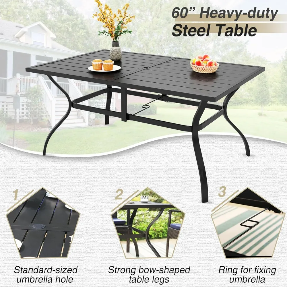 7 Piece Patio Dining Set, Outdoor Slatted Metal Dining Table with Umbrella Hole & 6 Cushioned Wicker Chairs for Patio, Deck