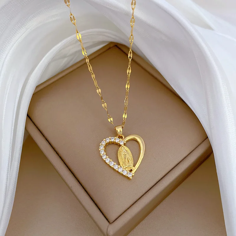 Virgin Maria Necklace Crystal Heart Necklace For Women Gold Plated Virgin Mary Stainless Steel Chain Choker Religious Jewelry