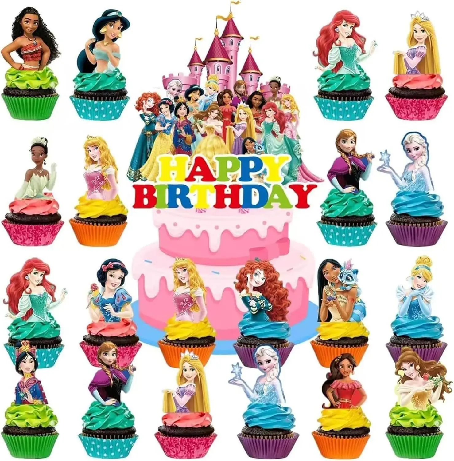 31 Piezas de Decoraciones para Pastel de Princesa, Set de Adornos para Pastel de Princesa, Palillos Decorativos para Cupcakes con Múltiples Personajes de Princesa, Feliz Cumpleaños