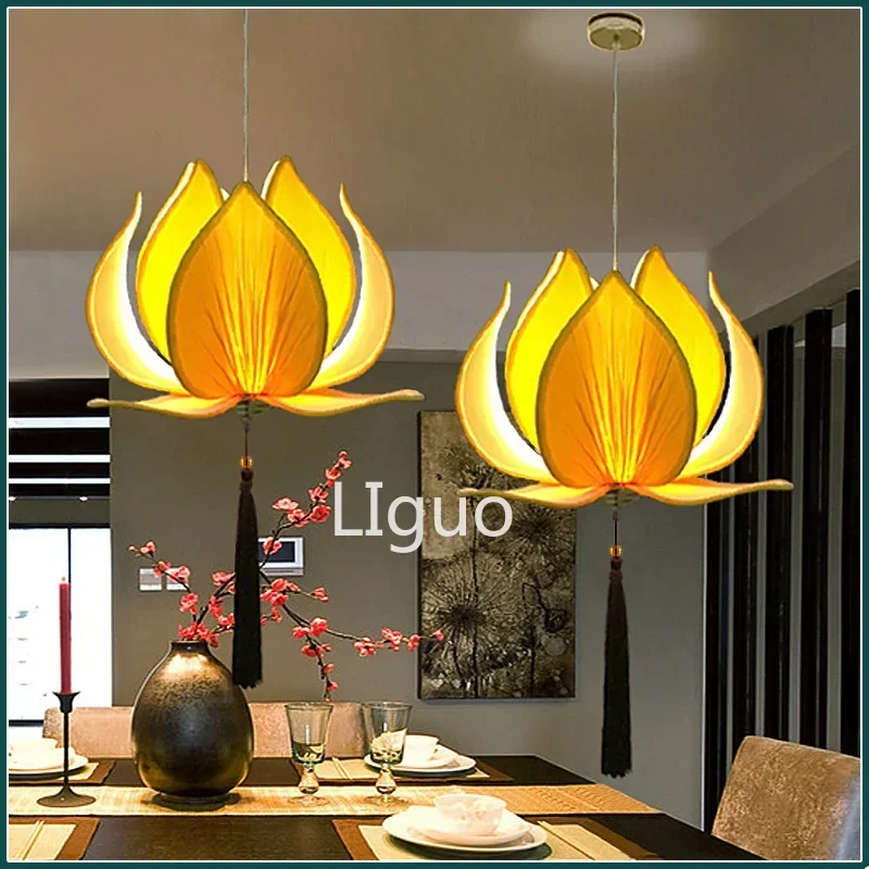 New LED Chinese Cloth Lotus Chandelier Classical Lamp Buddha Hall Temple Living Room Restaurant Pendant Lighting Decor  Fixtures