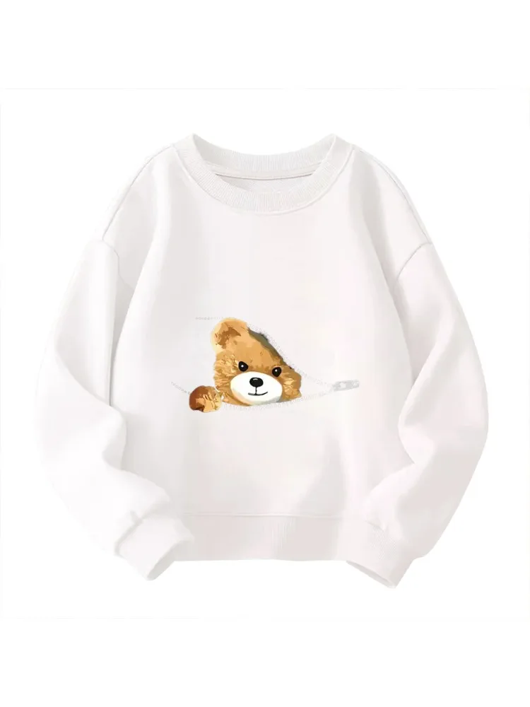 

Kids' Crew Neck Sweatshirt - Peeking Teddy Bear Graphic White Pullover, Adorable Soft Little Ones