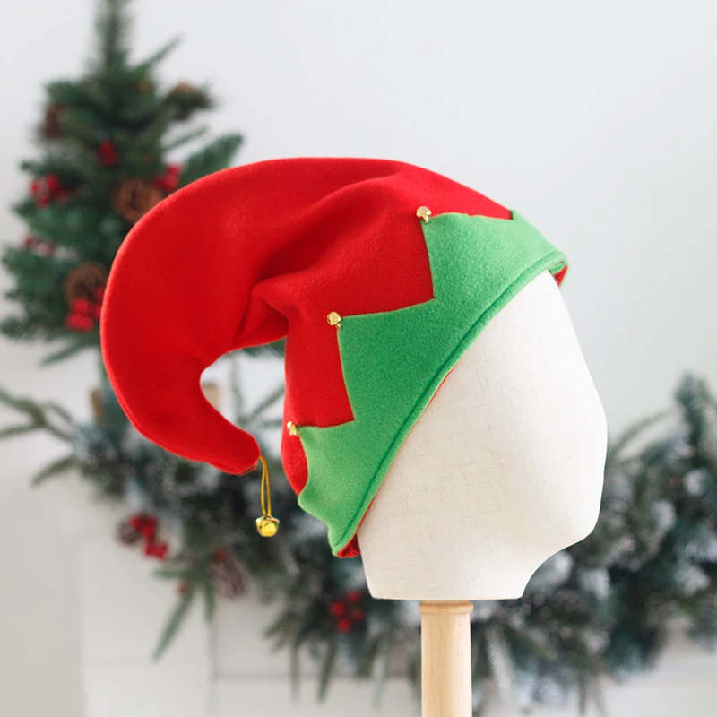 for Adult Kids Elf Cap Plush Made with Metal Bell Decoration Contrast Curled Peak Christmas Santa Hat Festival Acces Unisex