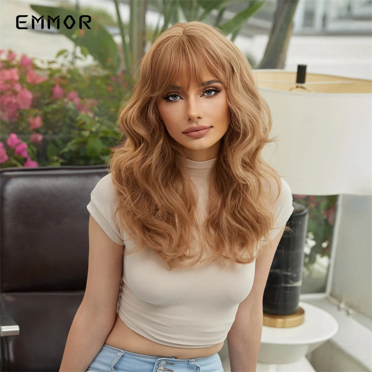 EMMOR-Peluca de pelo ondulado para mujer, pelo sintético de color marrón claro, Natural, medio, largo, con flequillo, resistente al calor, para