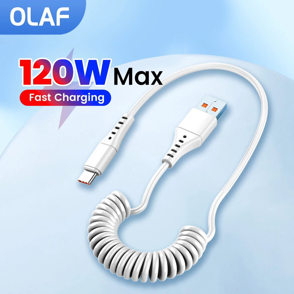Olaf 120W Cable de resorte de coche USB tipo C Cable Micro USB de carga rápida para iPhone 16 15 Samsung Xiaomi Huawei cargador rápido 3,0