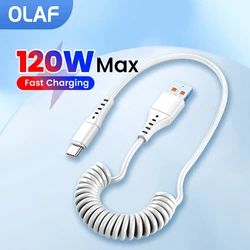 Olaf 120W Car Spring Cable USB Type C Fast Charging Micro USB Cable For iPhone 16 15 Samsung Xiaomi Huawei Quick Charger 3.0