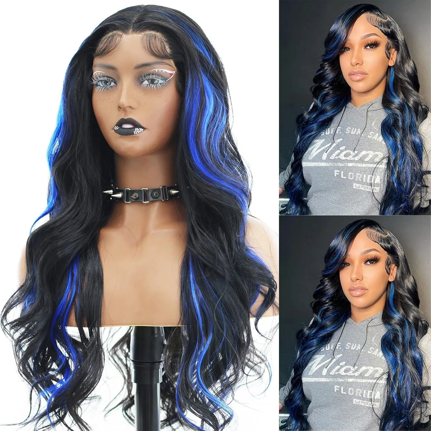 

Black Highlight Blue Wig13x4 HD Body Wave Lace Frontal Wig Transparent Synthetic Lace Front Wig Ready To Wear Glueless Cosplay