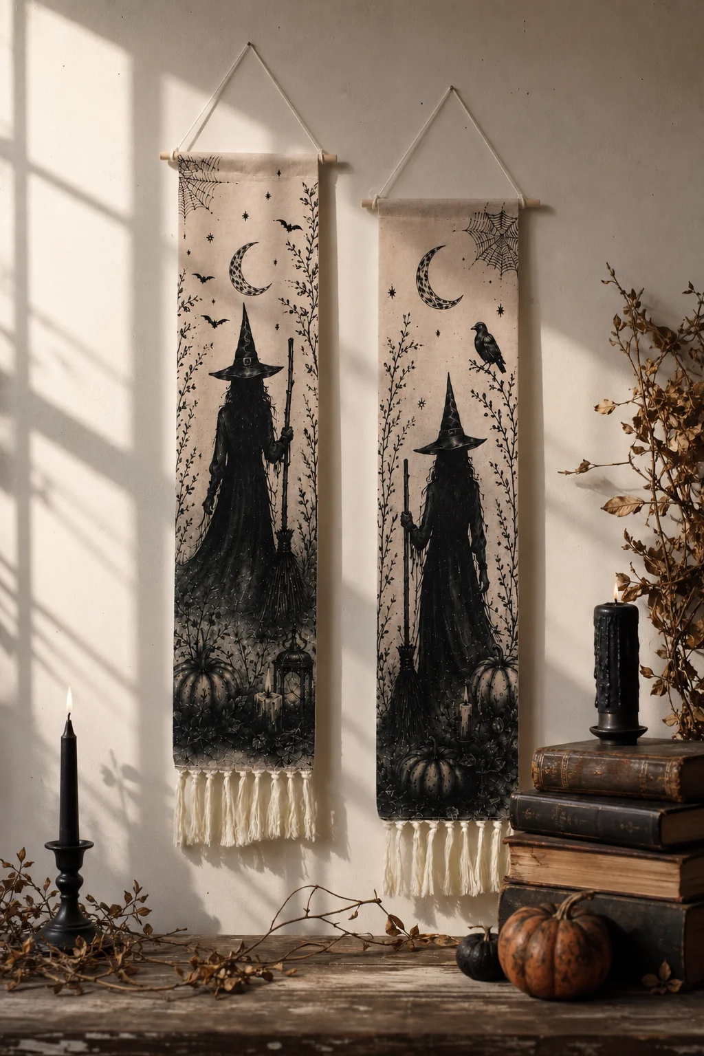 Halloween-Wandteppich mit Quasten, Gotische Hexe, Schwarze Katze, Krähe, Geisterhaus, Totenkopf-Druck, Vintage Grusel-Wandbehang Deko – Detail 25