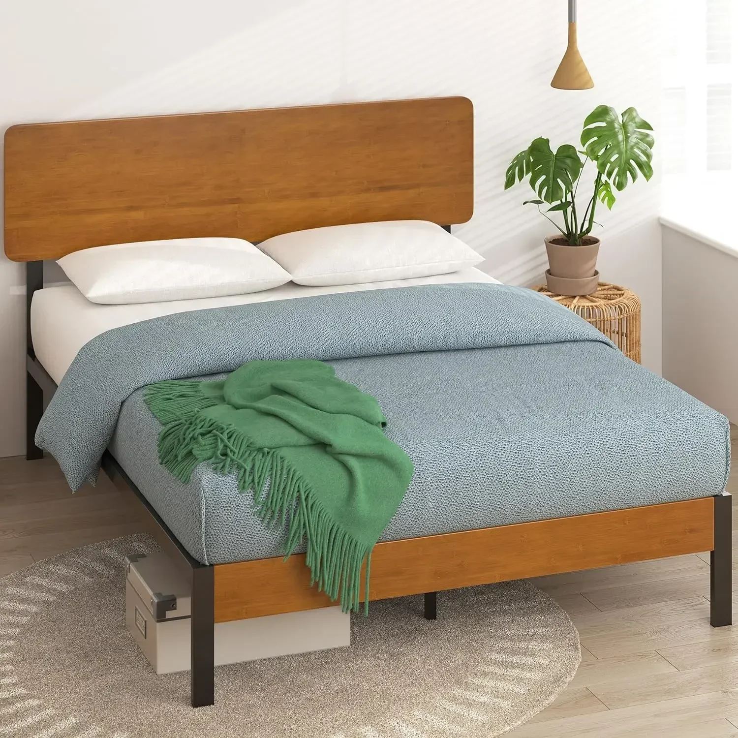 Metal and Bamboo Platform Bed Frame, No Box Spring Needed, Wood Slat Support, Easy Assembly, Queen