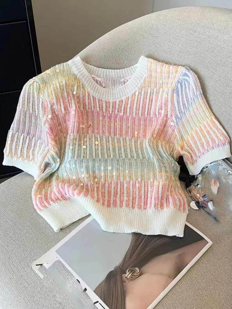 

Летний женский свитер с блестками в полоску, тонкие вязаные пуловеры, футболки, укороченные топы, стильные шикарные модные джемперы с короткими рукавами и круглым вырезом