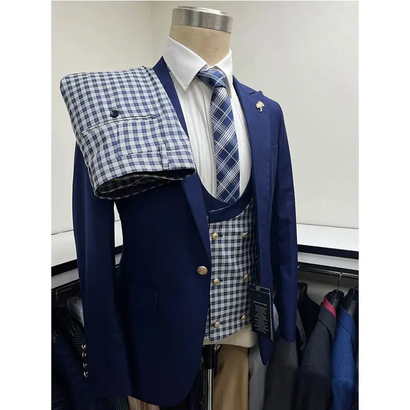 #C-A01 # Fashionable men's checkered suit three piece set