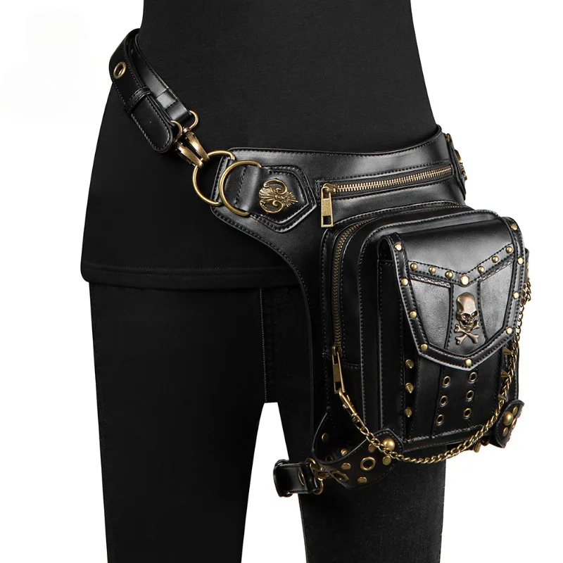 

Trend Black Crossbody Shoulder Waist Bags Men and Women Retro Punk Skeleton Rivet PU Outdoor Riding Motorcycle Bag Fanny Pack