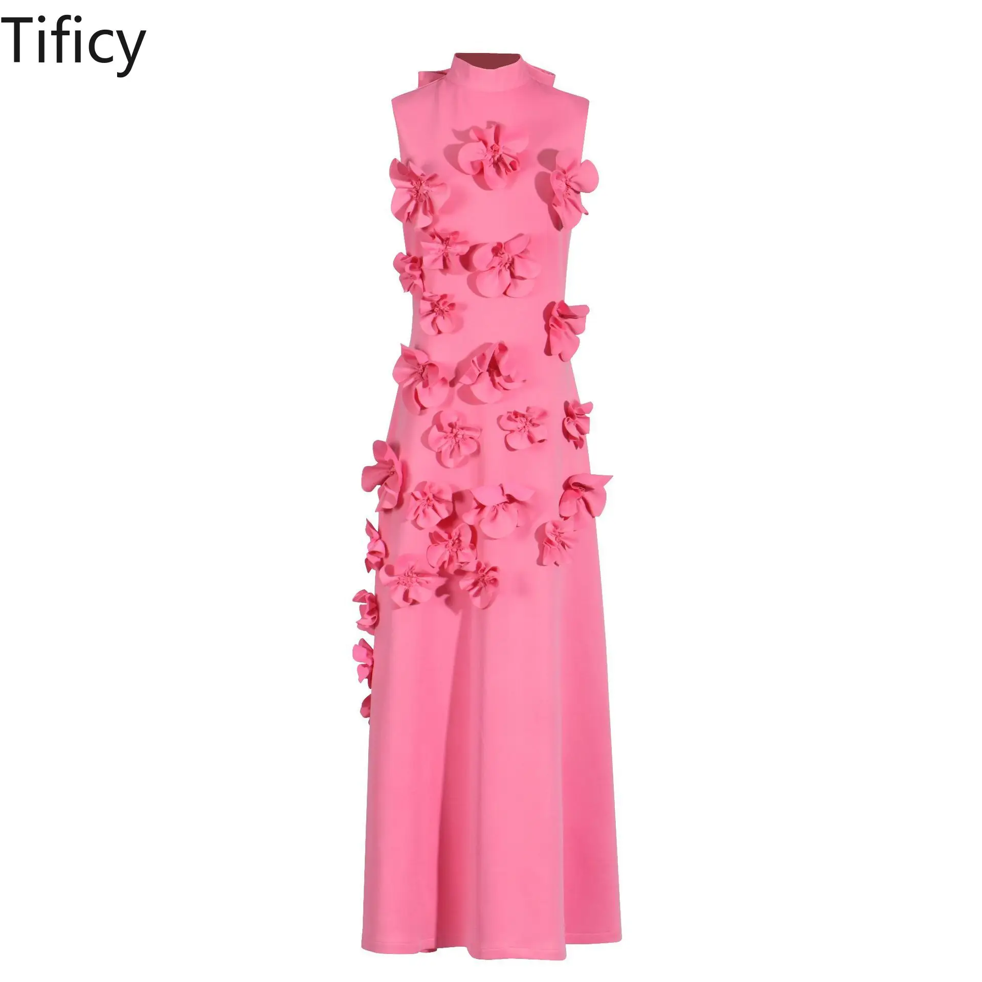 

TIFICY Women's Socialite Style Summer New Stand Up Collar Sleeveless Design Three-dimensional Flower Long Solid Color Dress