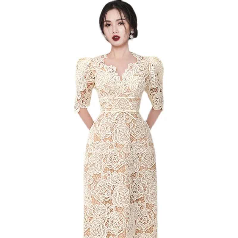 Vestido Retro de Manga Corta con Encaje y Cuello en V para Mujer, E, Ajustado a la Cintura, Estilo Vintage, Manga Abul...