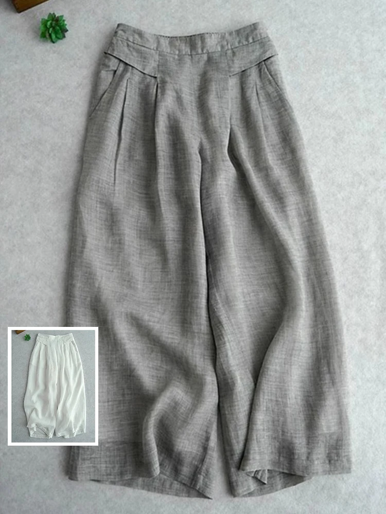 

Artistic High Waist Wide Leg Cotton Linen Casual Pants plus Size Women Loose Fit ket Detail Summer Thinming Nine Points