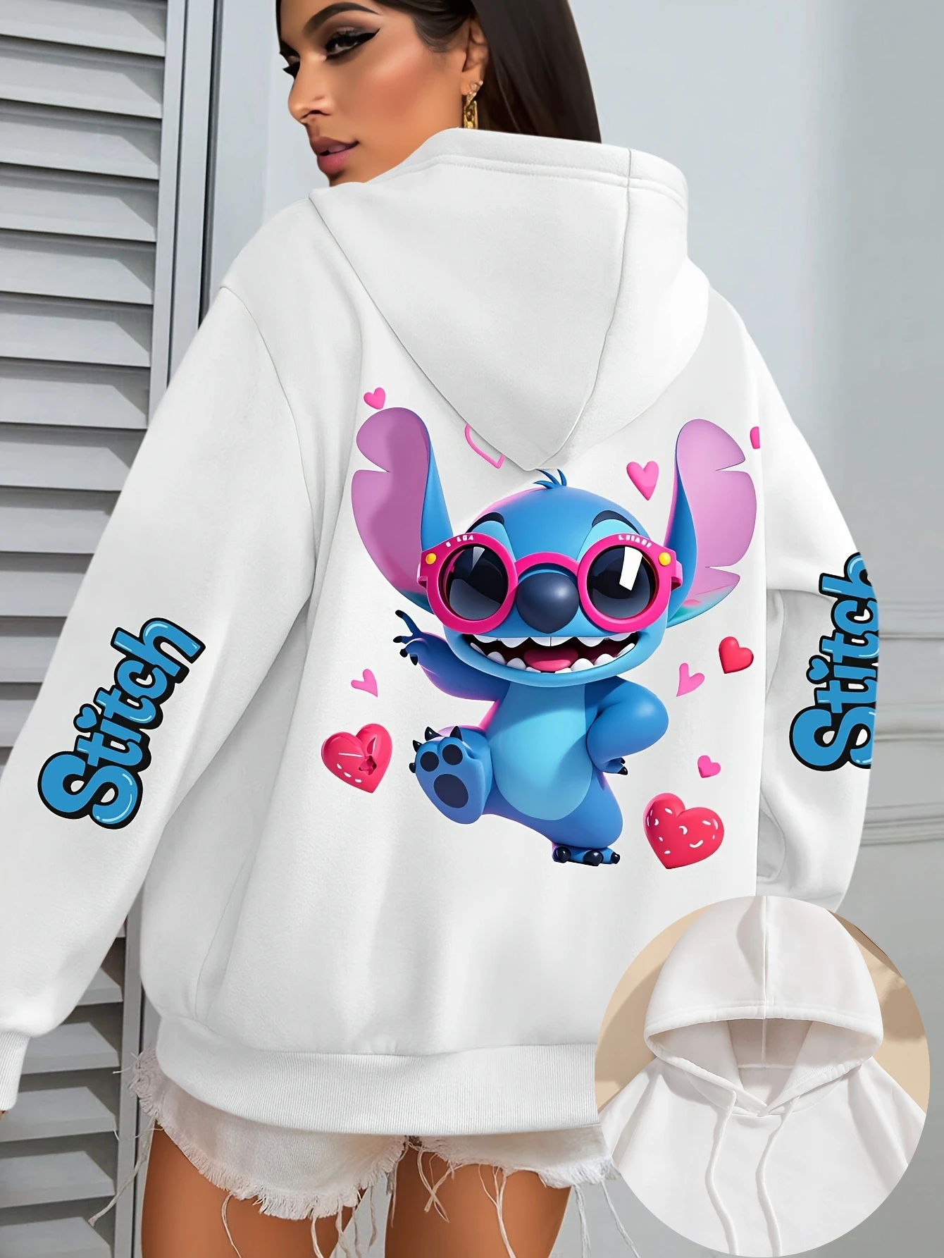 여성용 디즈니 스티치 만화 러브 하트 플리스 후드티 코튼 후디 스웨트셔츠 풀오버 가을 겨울 오버사이즈 긴팔 탑