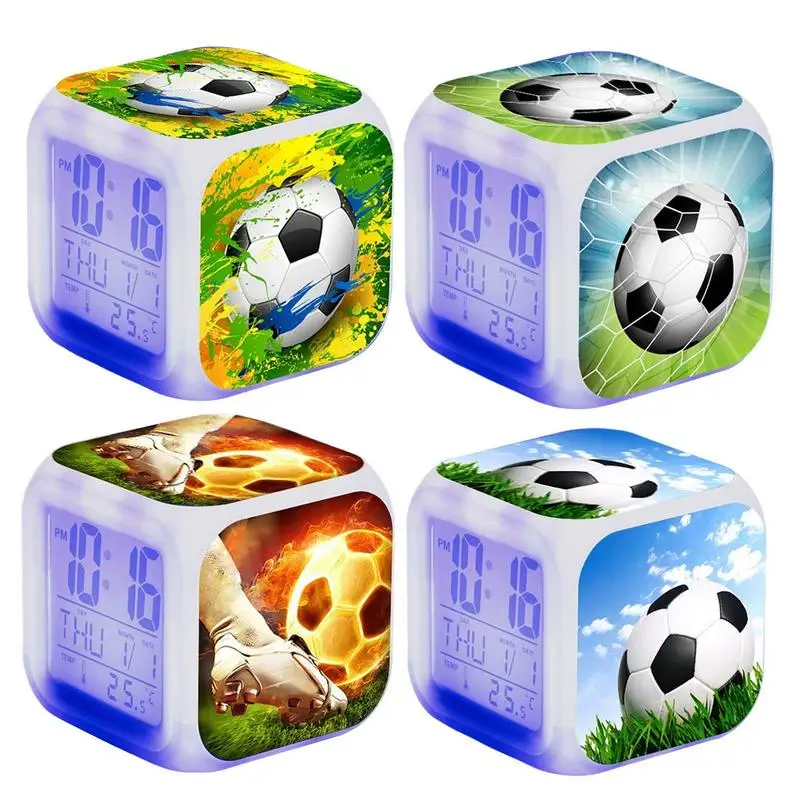 Creative LED Bedroom Football Clock with Colorful Lights to Display Time Week Month Temperature for Children Kids Teenagers