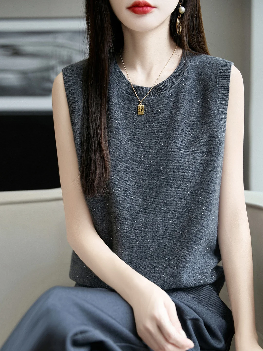 

Осень-зима, новинка, элитная круглая шерстяная вязаная майка с бусинами, женская универсальная базовая майка irt