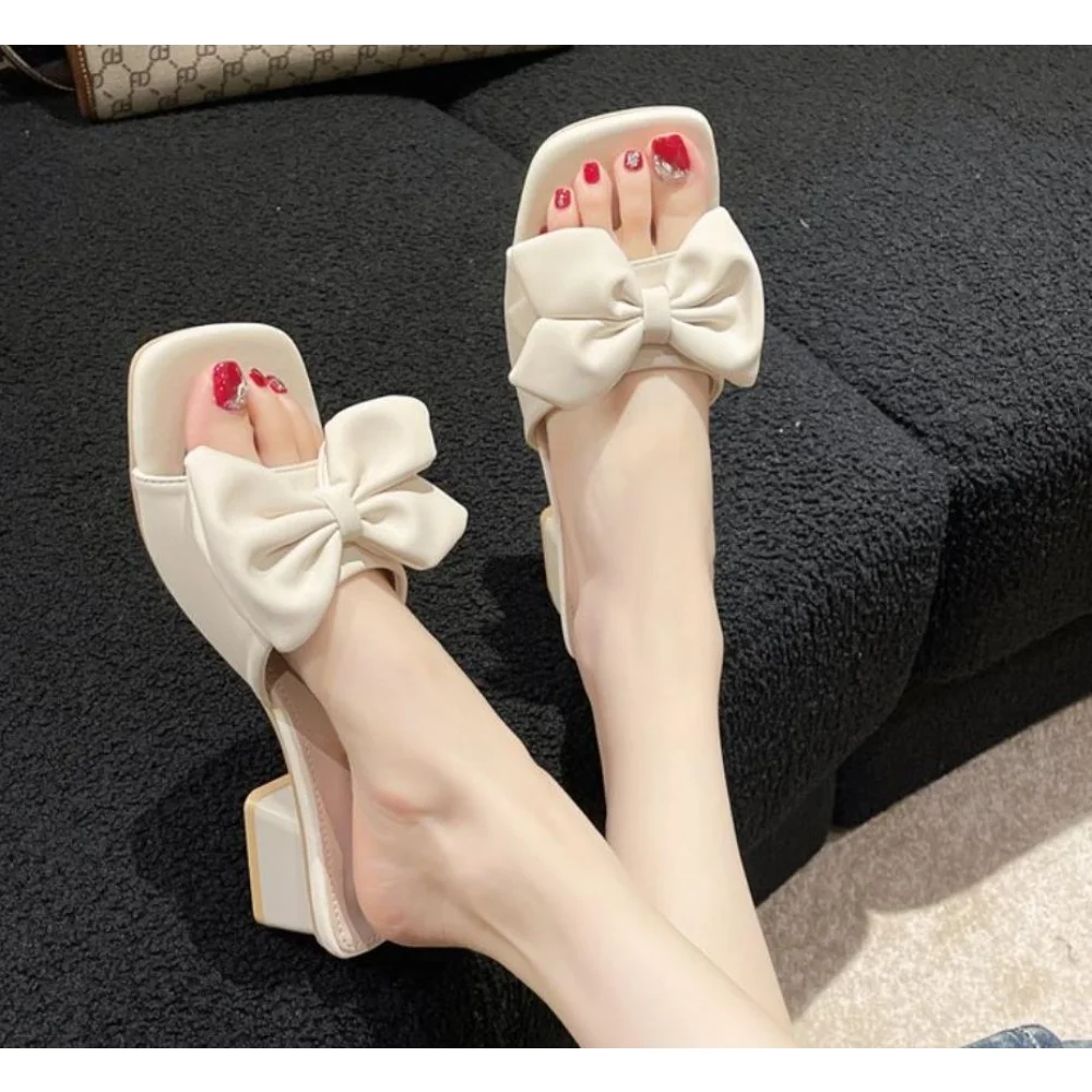 

Summer New Slippers Women 2024 Trend Sexy Large Size Square Toe Thin Heels Shoes Ladies Casual Slippers Heel zapatos