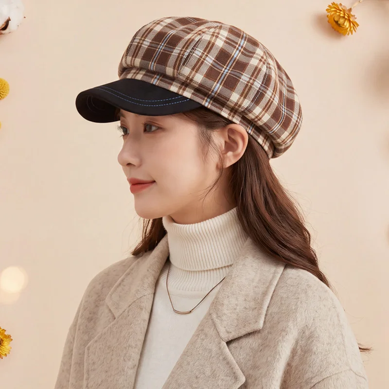 Retro versatile British-style octagonal hat with plaid pattern, a chic and fresh hat for women, sweet and cute, makes the face l