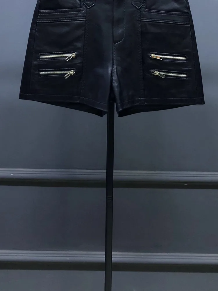 سستة جلد طبيعي الإناث السراويل ألف خط منتصف الخصر موضة الخريف عادية جلد الغنم الطبيعي فوق الركبة بنطال قصير صغير 4XL