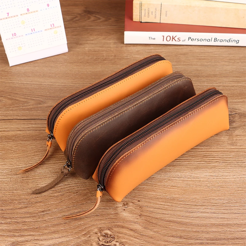 Sac à crayons en cuir vintage, sac de rangement simple, boîte à lunettes, boîte à fermeture éclair, fournitures scolaires