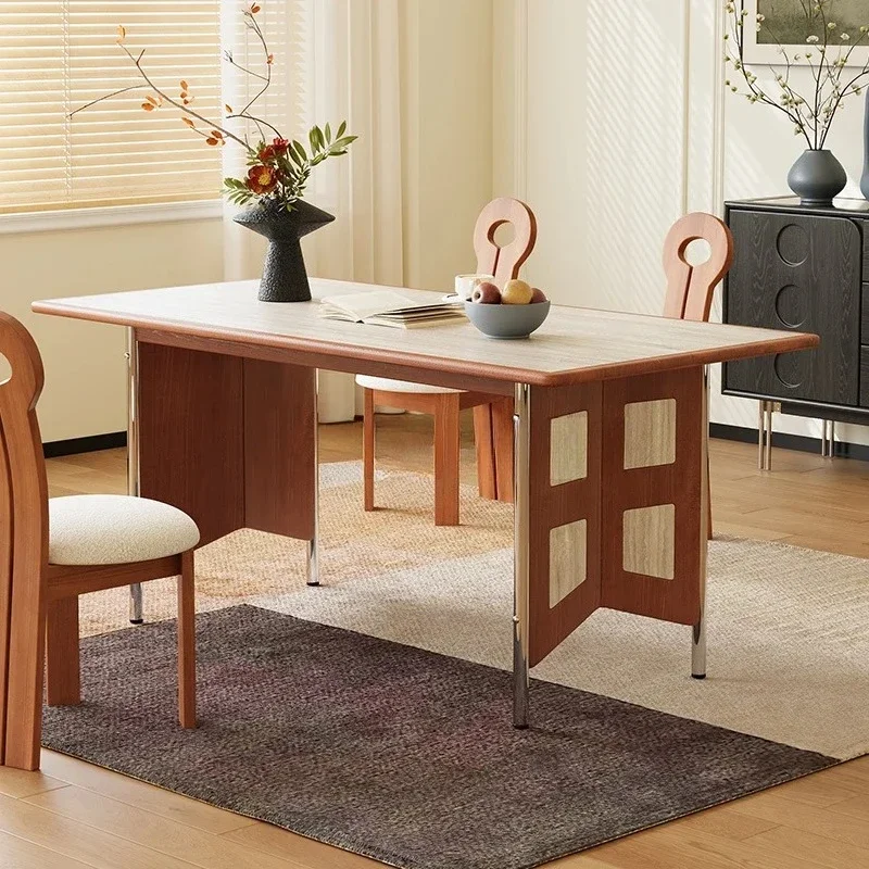 

Обеденный стол из каменной плиты во французском стиле ретро, прямоугольный домашний обеденный стол из цельного дерева, травертин, светлый, роскошный, высокий смысл