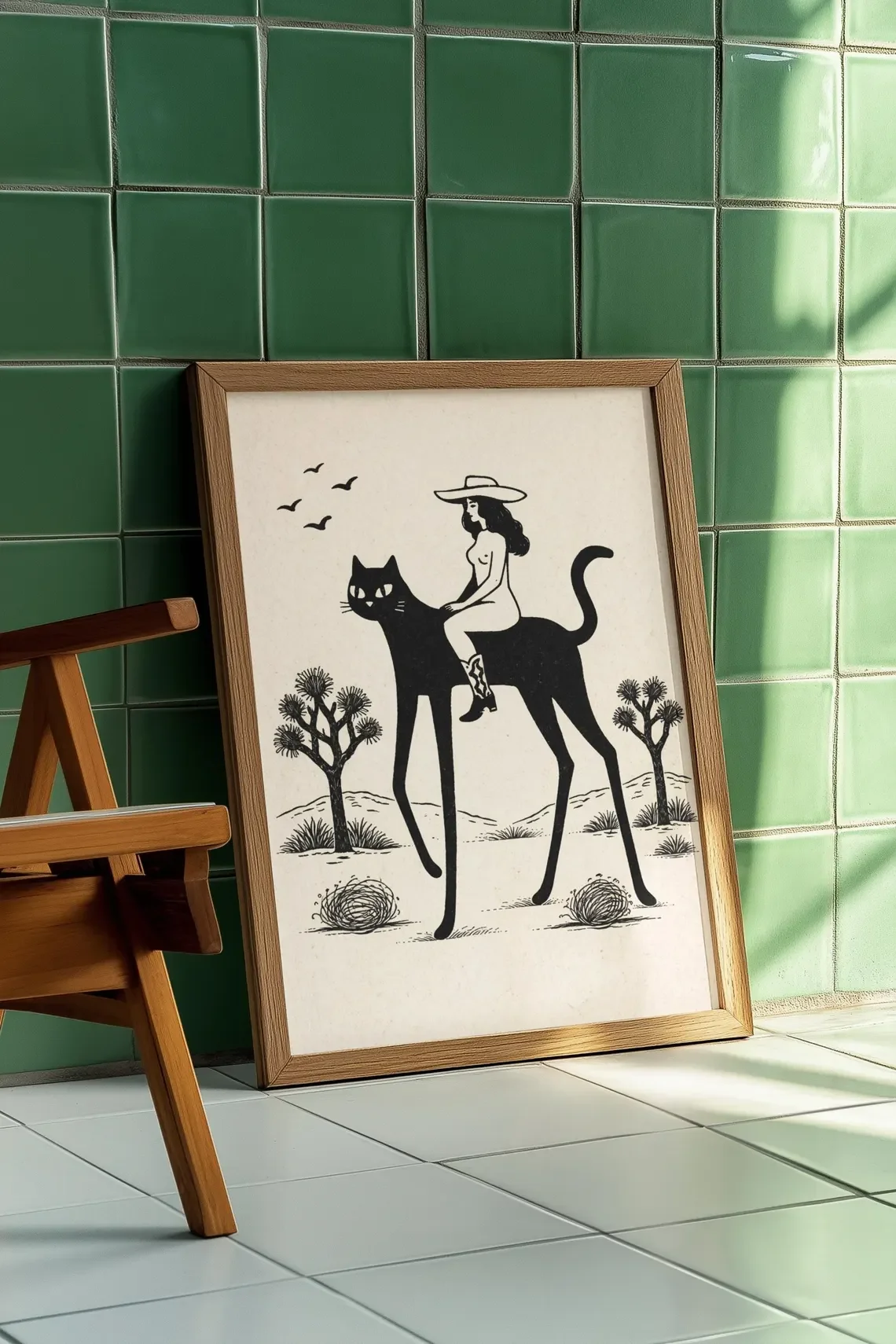 Whimsical Desert Cowgirl Cat Wall Art - Retro Print Celebrating Feline Adventure. The Warm Beige Backdrop and Bold Black Silhoue view 4