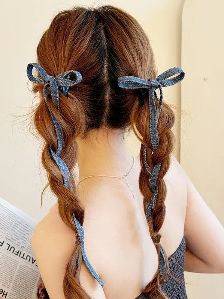 2/4/6PCS Blue Denim, Schleife, Mode, Pferdeschwanz, Band, Entenschnabel-Clip, Kopfschmuck, Pony Shattered Hair Side Clip, Haarkarten – Detail 13