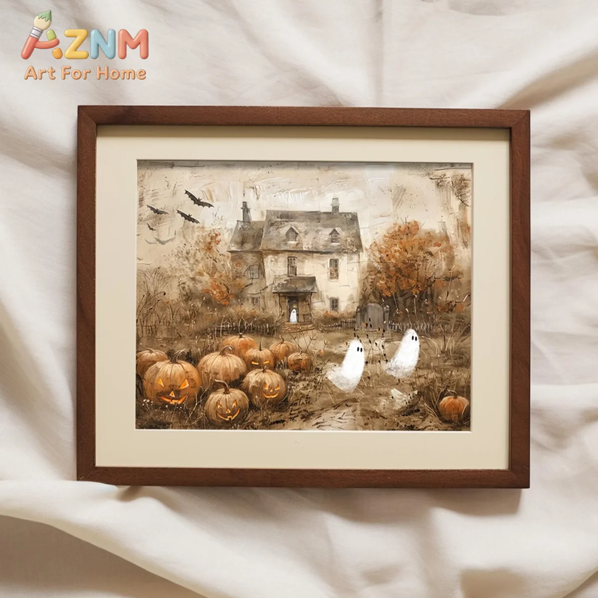 AZNM Vintage Ghost Pumpkin Old House Bat Halloween Canvas Wall Art, Retro Spooky Autumn Frameless Canvas Print Poster for Home I