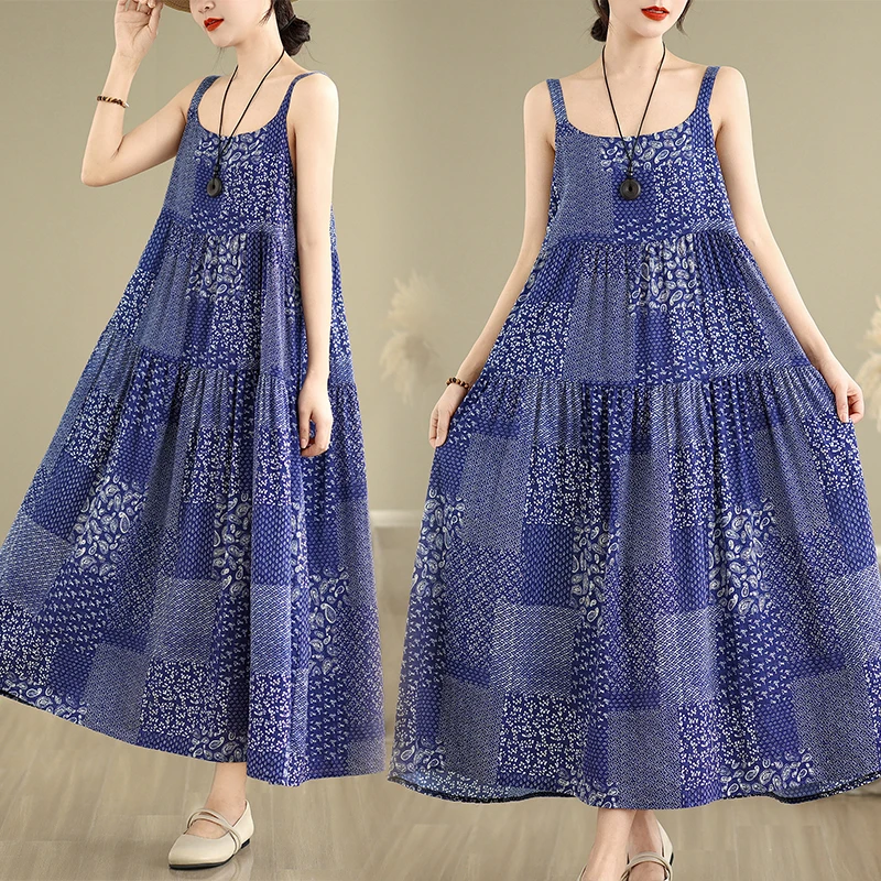 

Хлопково-льняная миди с цветочным принтом Dr, домашняя одежда, юбка трапециевидной формы на бретельках, летняя женская одежда больших размеров