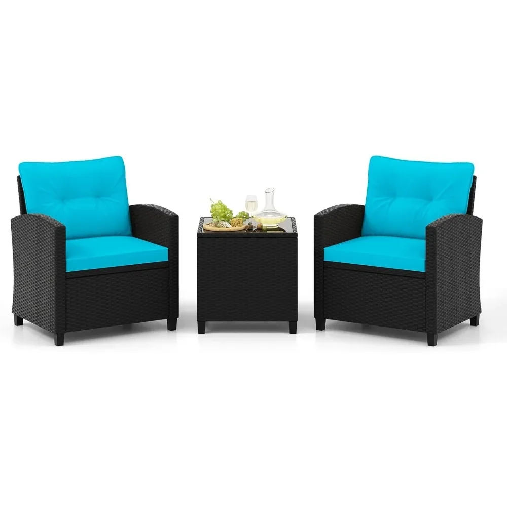 

3 Piece Patio Furniture, Rattan Conversation Set w/Soft Seat & Back Cushions, Tempered Glass Topped Coffee Table, Cushioned Wic