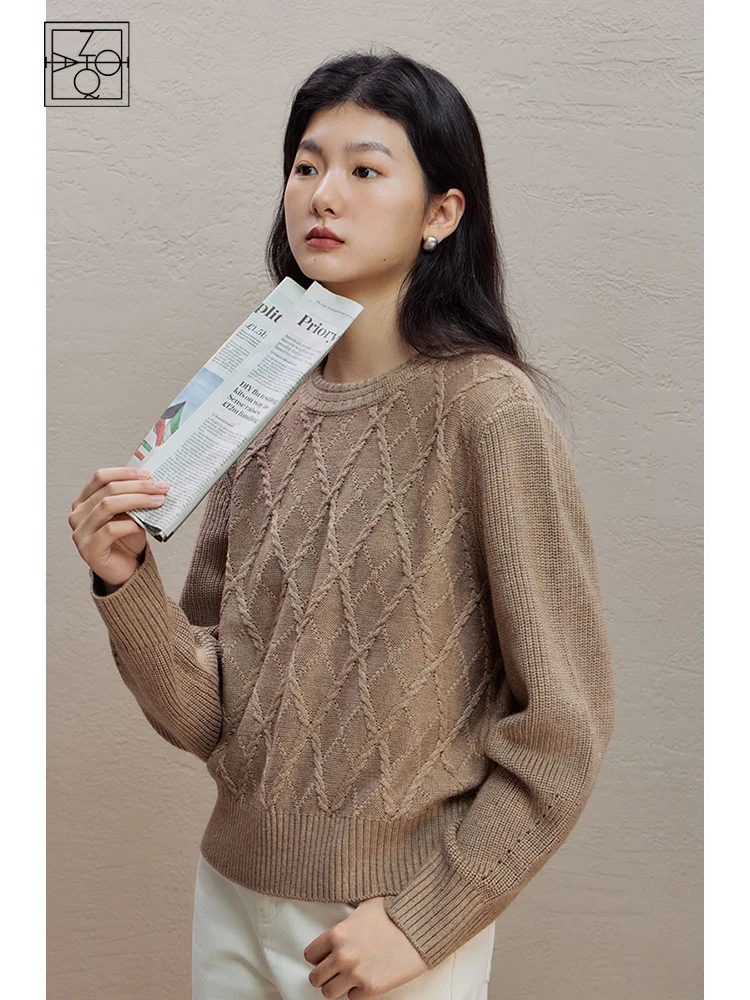 ZIQIAO Vintage Versatile Round Neck Cable Knit Sweater for Women 2023 Autumn Winter Retro Style Loose Pullover Sweater Female