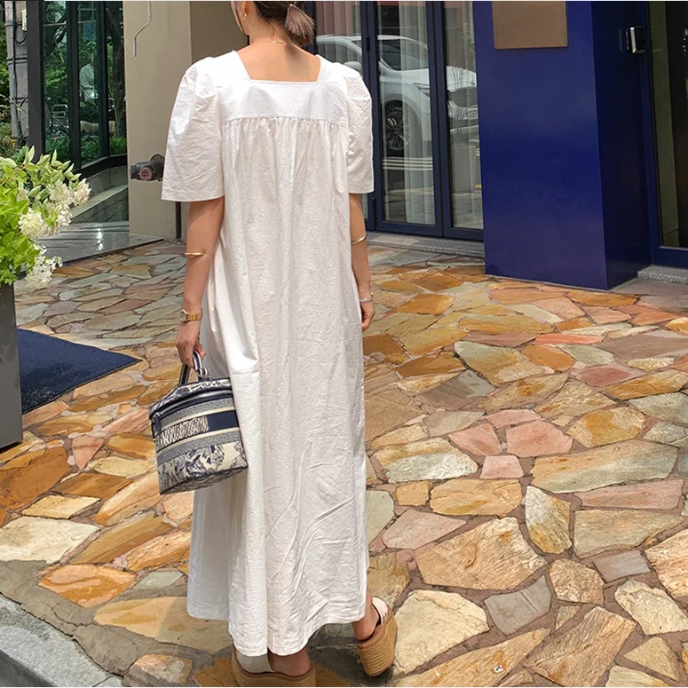 Blue Casual Loose Short Sleeve Square Collar Midi Dress Street Style Cotton Polyester Blend Summer Fashion for Women